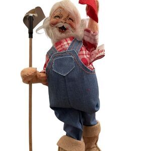 Vintage 1993‎ Annalee Mobilitee 9.5" Santa in Overalls Gardener Figure Wood Felt